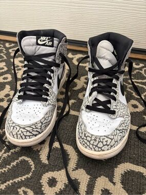Nike High Top Sneakers in White, Black & Gray Elephant Print Jordans
